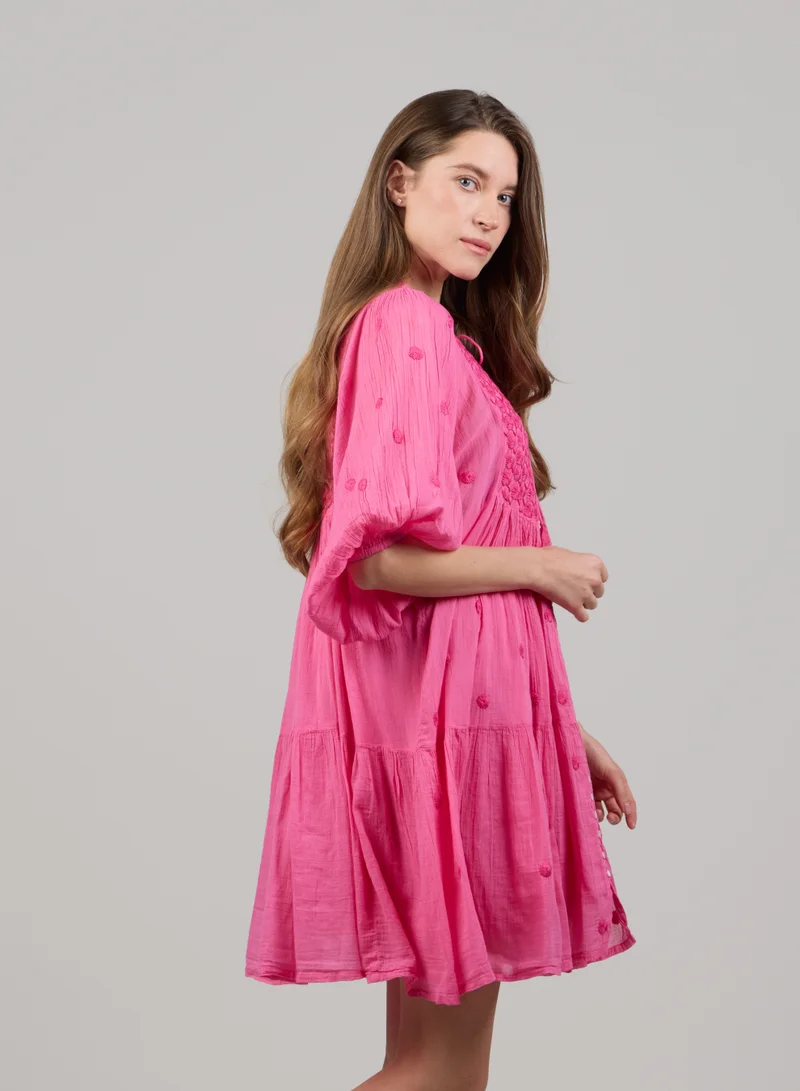 Just Nature hot pink Colours of Nature Baloon Sleeve Embroidered Mini Dress for Women | Best Price UAE